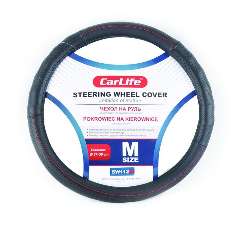 Чехол на руль Carlife 37-39см, имитация кожи, черный с красной нитью SW112M CarLife Чехол на руль Carlife 37-39см, имитация кожи, черный с красной нитью SW112M CarLife